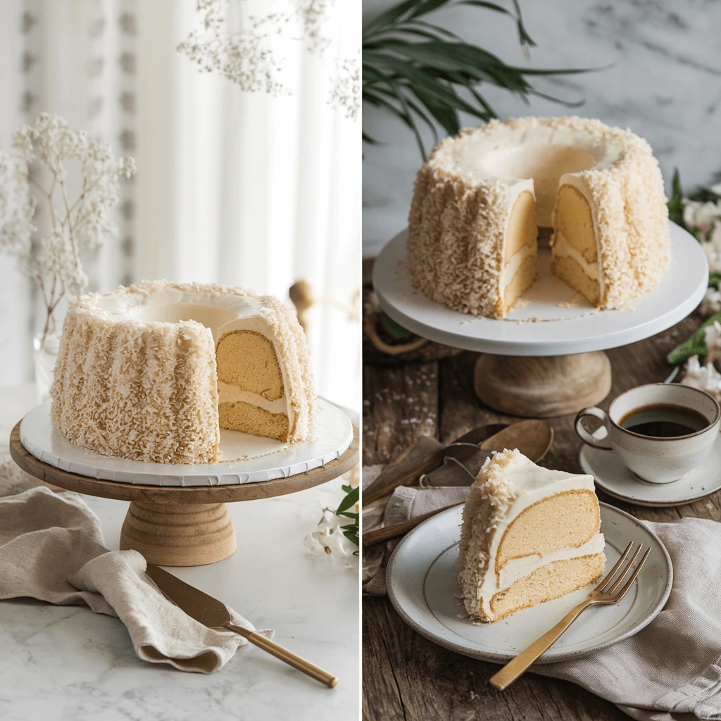 A beautifully presented Tom Cruise Coconut Cake with coconut flakes, sliced to reveal its creamy layers, styled in both bright and rustic settings.