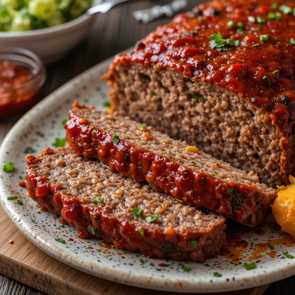 A beautifully plated Best Meatloaf Recipe, sliced to reveal its moist and tender texture, topped with a rich, tangy glaze and garnished with fresh herbs.