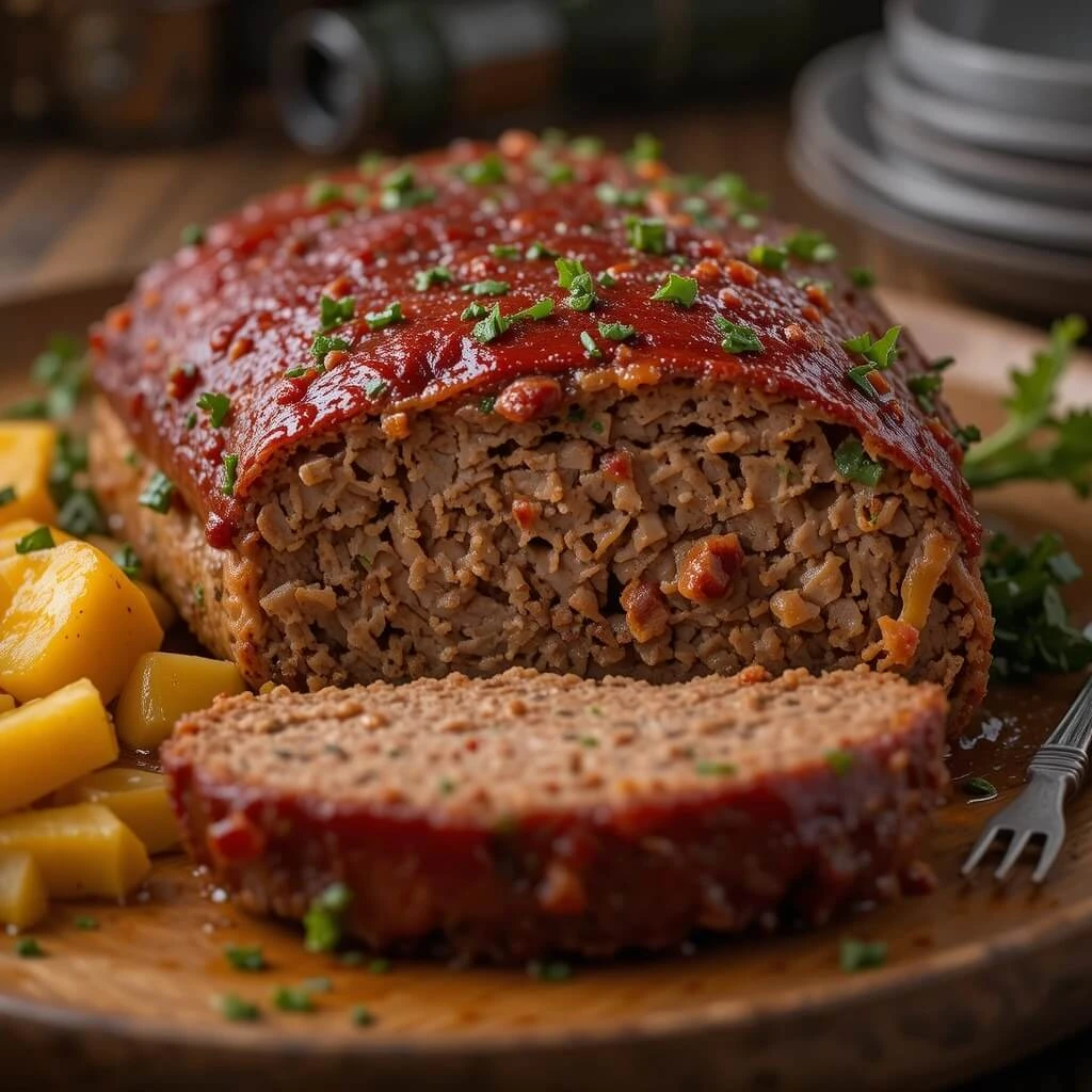 A freshly baked Best Meatloaf Recipe, topped with a rich, tangy glaze and garnished with fresh parsley, served alongside golden roasted potatoes.