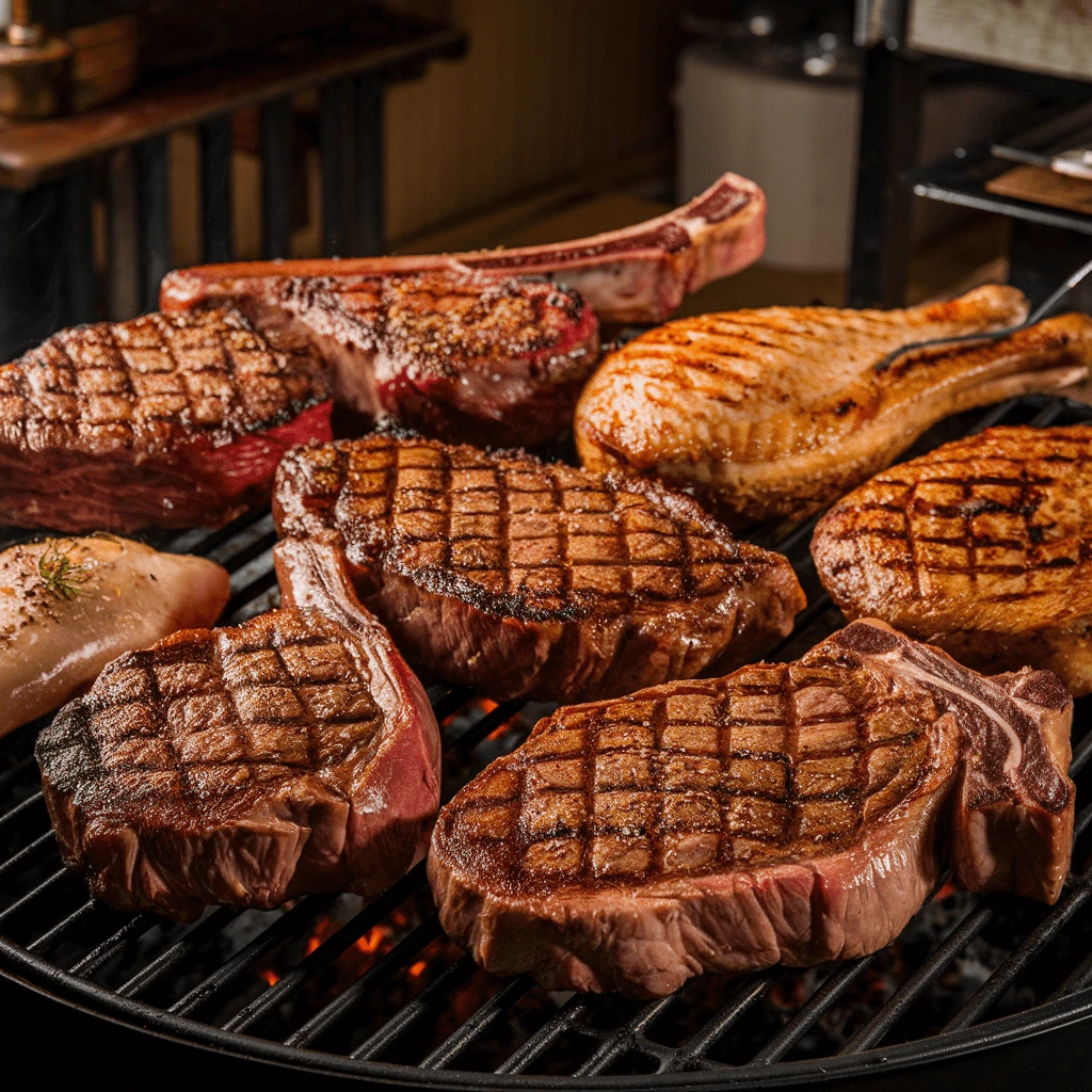 A sizzling grill packed with premium steaks, juicy chicken, and thick-cut tomahawk chops, creating the perfect centerpiece for a no-fail cookout.