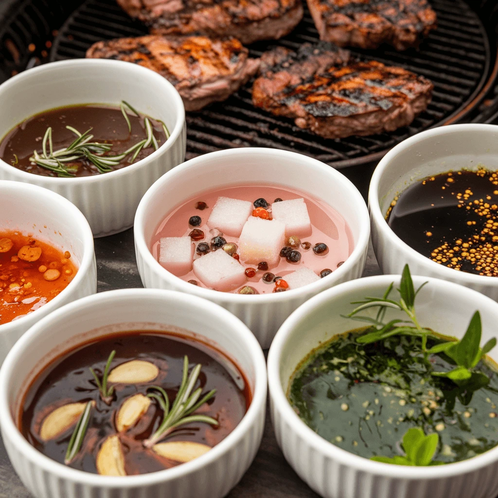 An assortment of flavorful marinades and sauces in small white bowls, each infused with fresh herbs, garlic, and spices, ready to elevate any cookout menu.