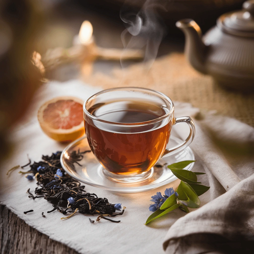 A steaming cup of Earl Grey tea in a glass teacup, surrounded by loose black tea leaves, bergamot, and flowers, highlighting the Earl Grey caffeine amount.