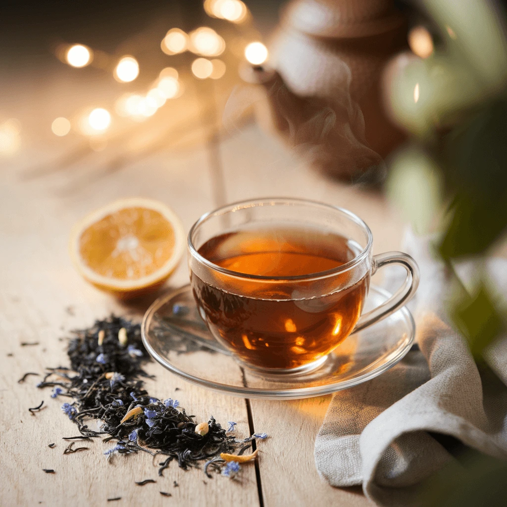 A steaming glass cup of Earl Grey tea on a wooden table, surrounded by loose black tea leaves, bergamot, and soft lights, highlighting the Earl Grey caffeine amount.