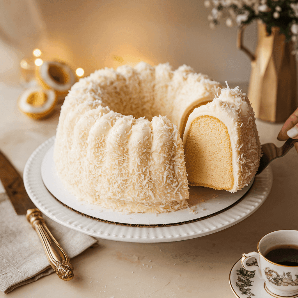 A stunning Tom Cruise Coconut Cake in a Bundt shape, covered in coconut shavings and a rich, creamy glaze.