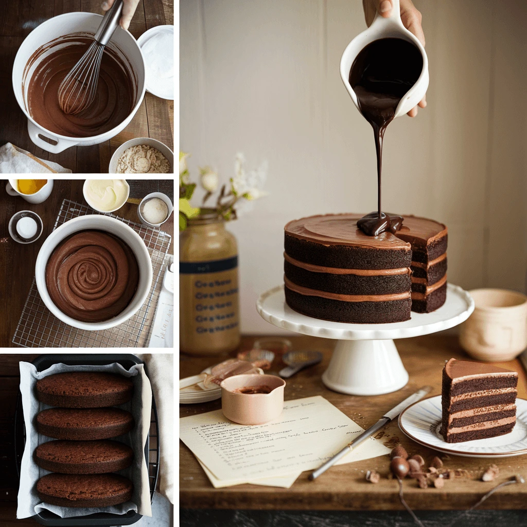 A step-by-step process of making a layered chocolate cake, from mixing the batter to baking, frosting, and finishing with a glossy ganache drizzle.