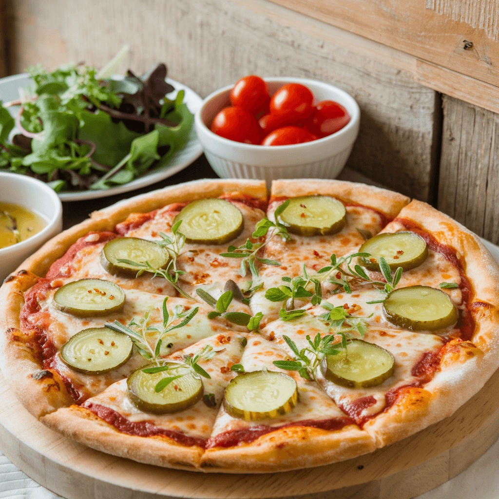 Close-up of a freshly baked Pickle Pie Pizza with melted cheese and sliced pickles