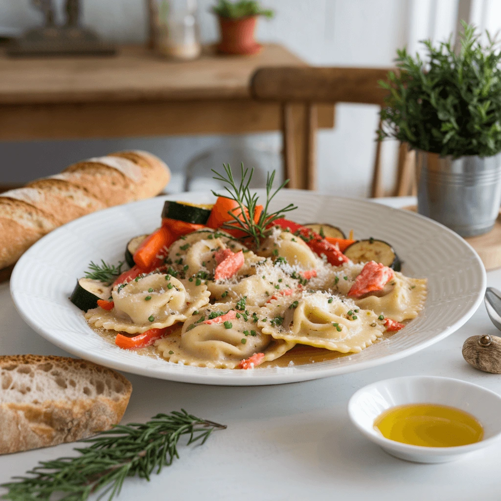 A plate of lobster ravioli with a light tomato basil sauce, served with a side of garlic bread.