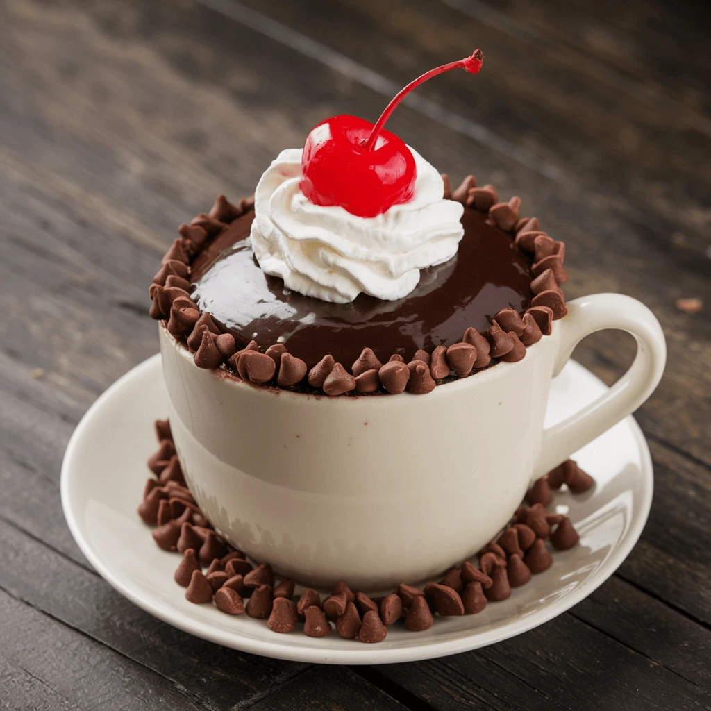 A warm, gooey Matilda-style chocolate cake baked in a cup, with a molten chocolate center and a dusting of powdered sugar.