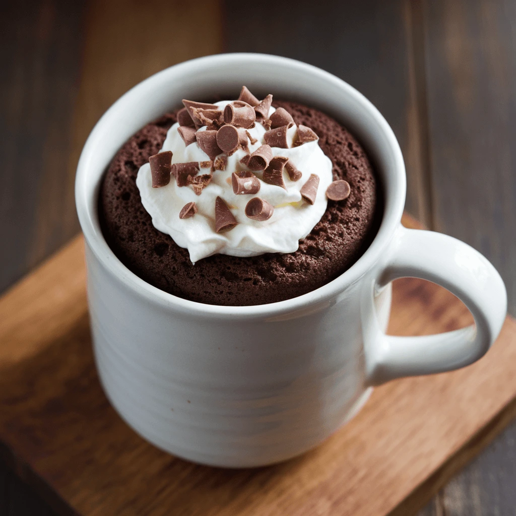 A freshly baked chocolate mug cake in a white ceramic cup, topped with whipped cream and chocolate shavings.