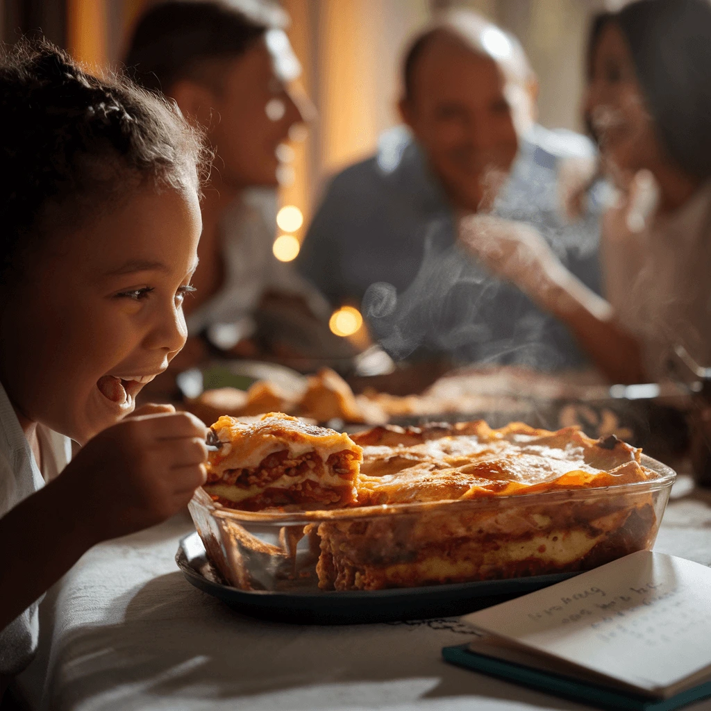 A joyful child excitedly taking a bite of a steaming hot Easy Lasagna Recipe, with a happy family sharing laughter in the background.