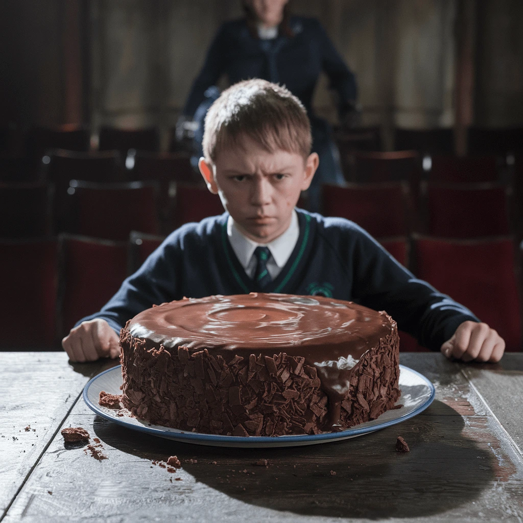 A towering chocolate cake dripping with ganache sits on a wooden table as a young boy in a blue shirt looks up in awe.