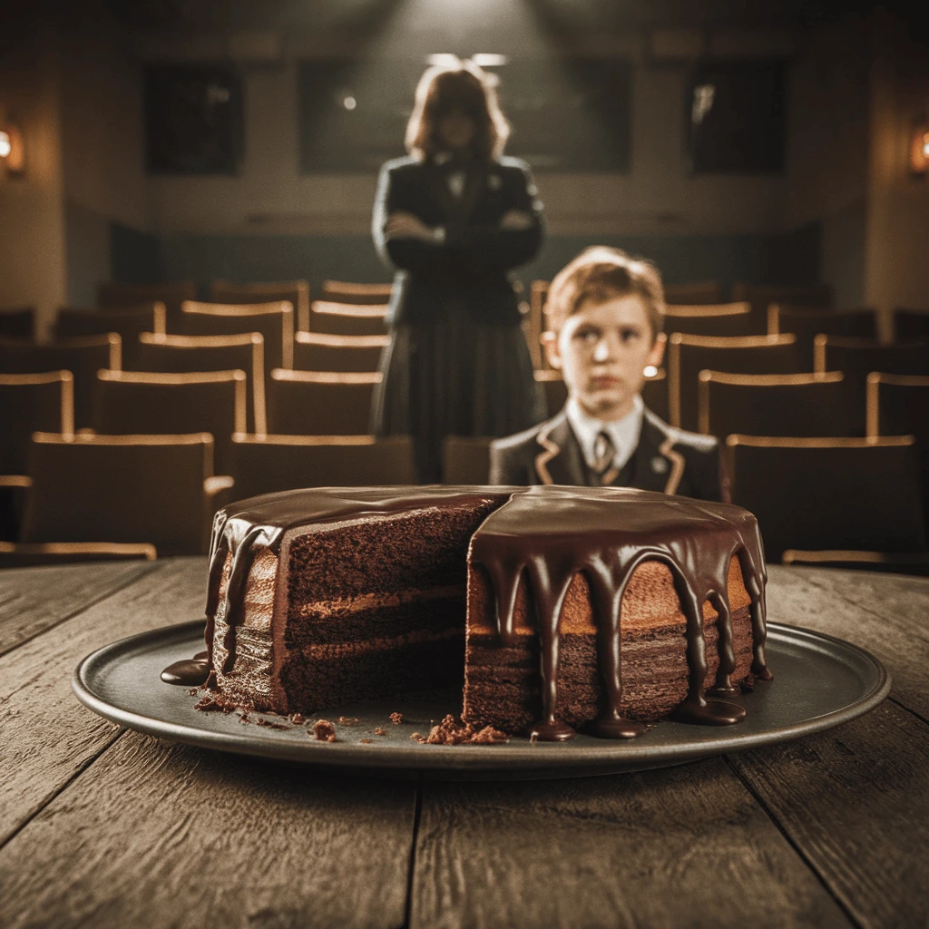 A rich chocolate cake with glossy ganache, sitting on a wooden table with a young boy in a school uniform staring at it in a dramatic setting.