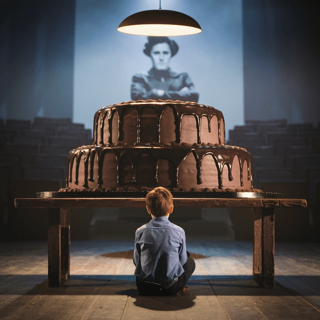 A schoolboy in uniform sits at a wooden table with an untouched chocolate cake in front of him, set against a dimly lit auditorium background.