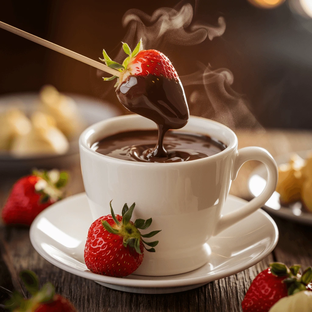 A steaming cup of chocolate fondue, with a fresh strawberry dipped in rich melted chocolate, creating a classic dessert moment.