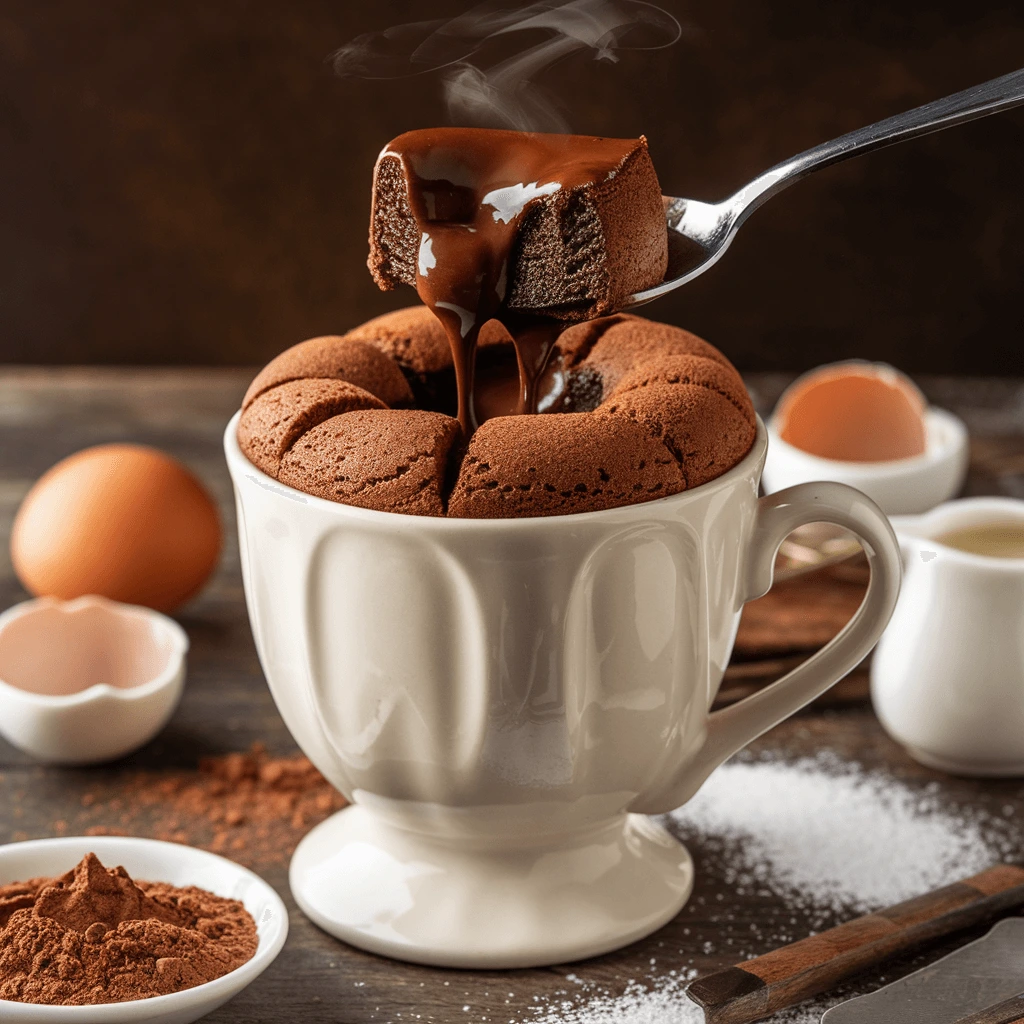  A rich and gooey chocolate lava cake served in a cup, with a spoon lifting a molten piece, revealing a flowing chocolate center.