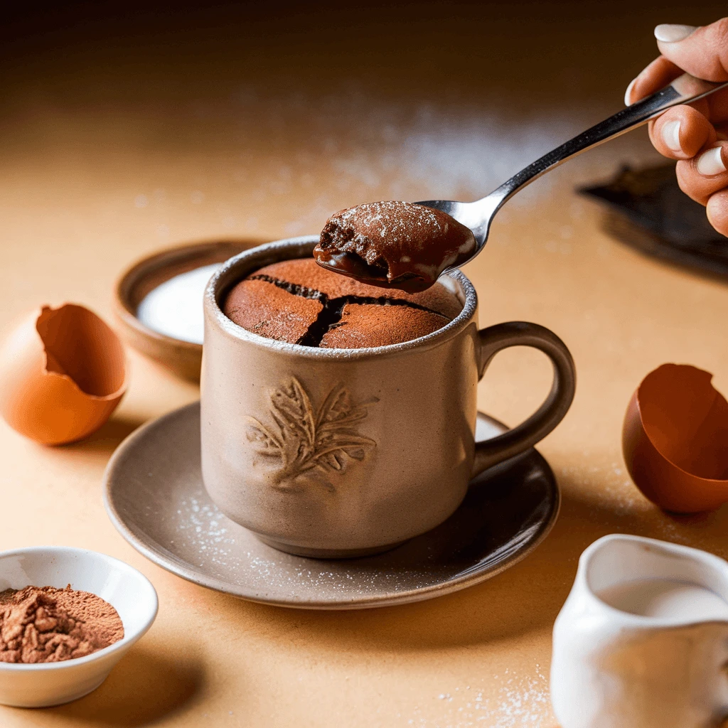 A warm, gooey Matilda-style chocolate cake baked in a cup, with a molten chocolate center and a dusting of powdered sugar.