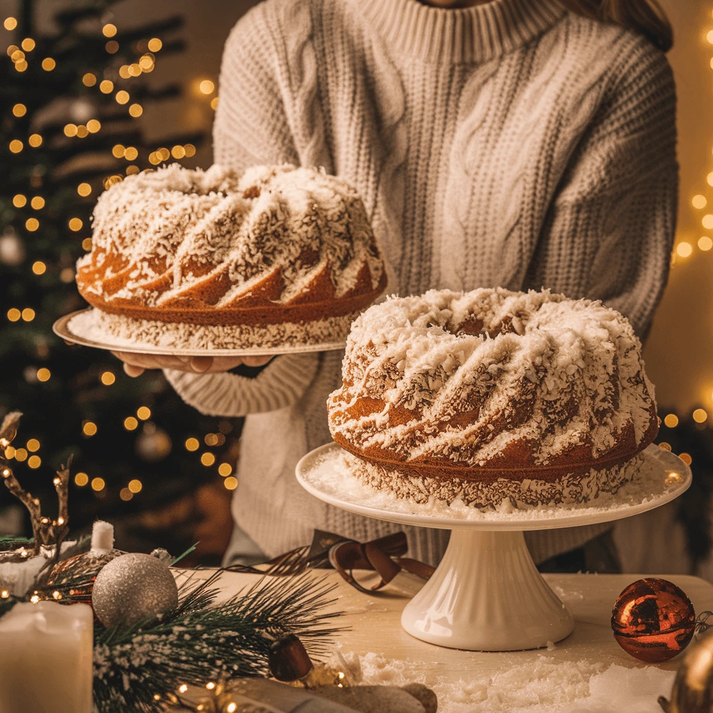 A cozy holiday scene featuring two beautifully baked Tom Cruise Coconut Cakes dusted with coconut flakes, presented against a warm, festive backdrop.