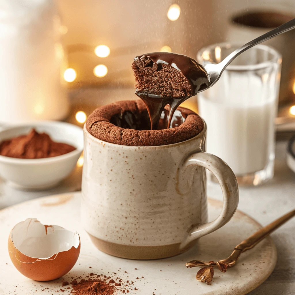  A freshly baked chocolate mug cake with a molten center, served in a rustic ceramic cup, surrounded by cocoa powder, eggshells, and a glass of milk.