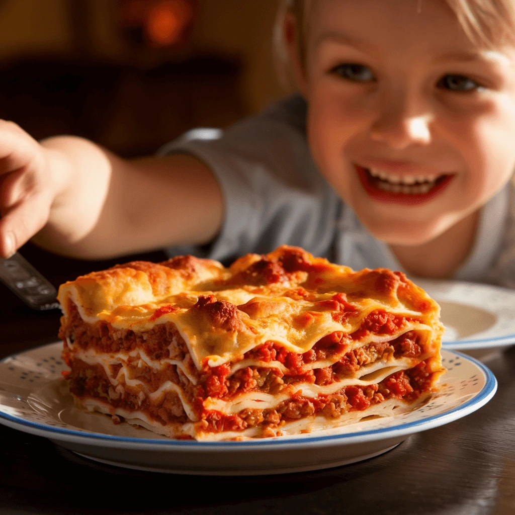 A happy child excitedly reaching for a delicious slice of Easy Lasagna Recipe, with golden, cheesy layers of pasta and meat sauce on a plate.