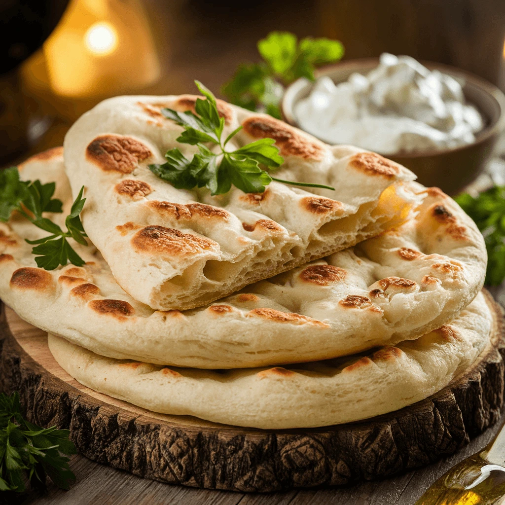 Freshly baked cottage cheese flatbread cut into slices and paired with a dipping sauce.
