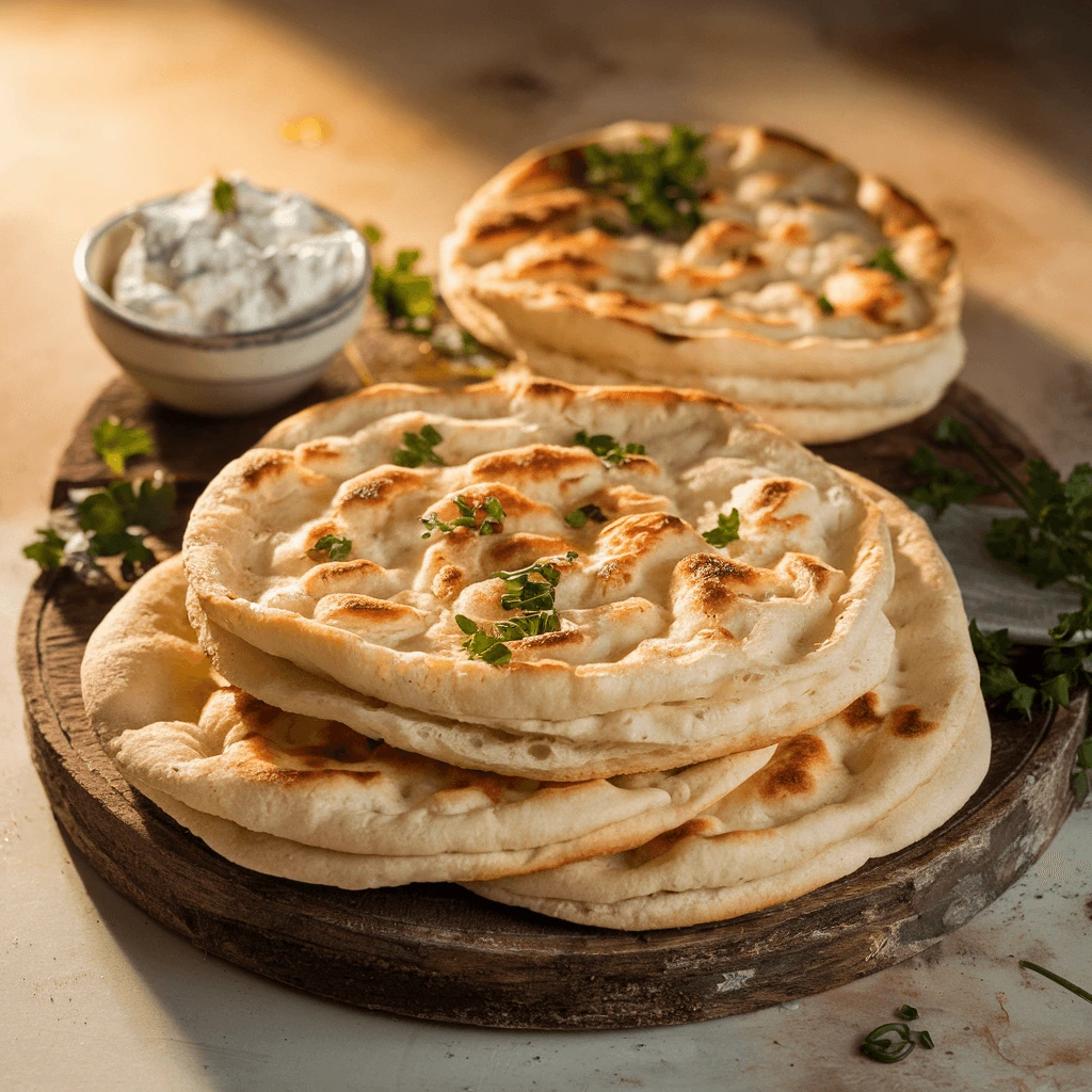 Soft and fluffy cottage cheese flatbread served on a wooden board with fresh herbs.