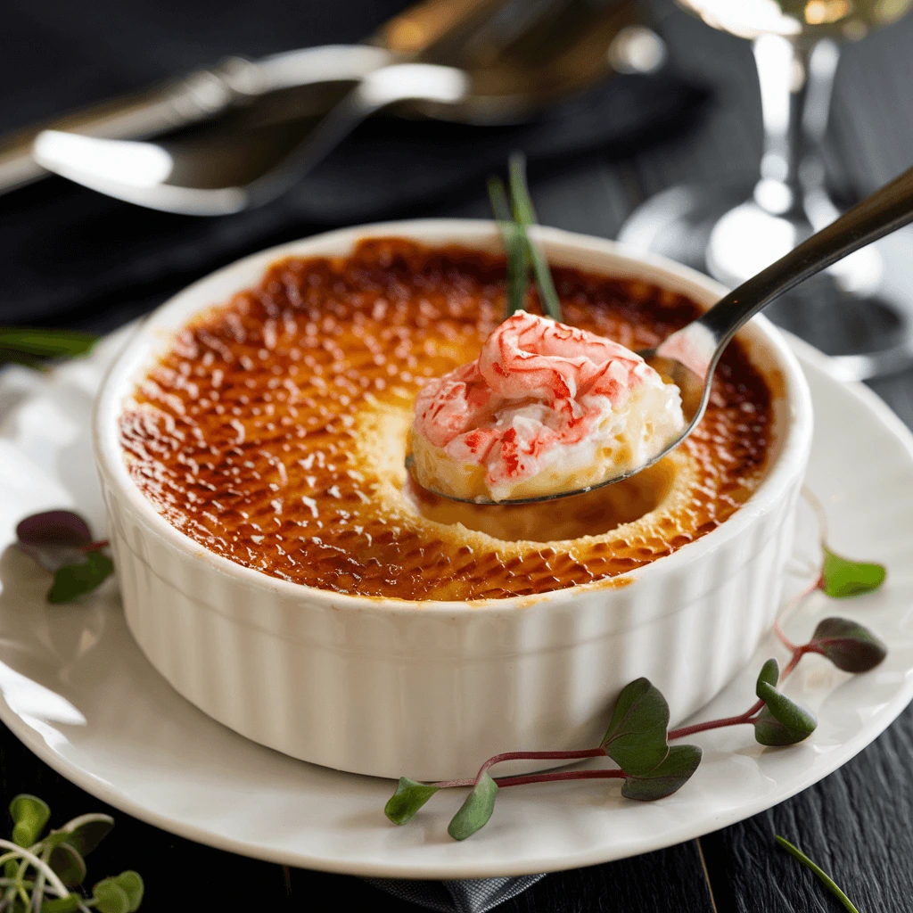 Crab Brûlée garnished with fresh chives, served alongside toasted crostini on a marble plate.