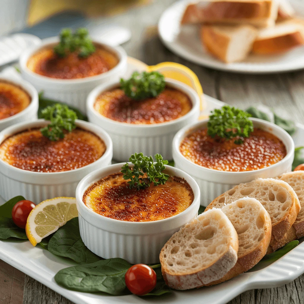 Crab Brûlée garnished with fresh chives, served alongside toasted crostini on a marble plate.