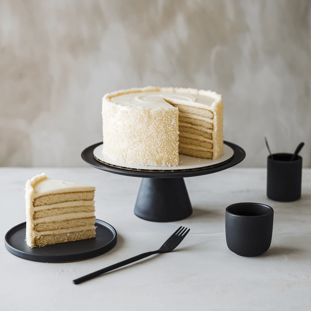 A minimalist and modern presentation of a Tom Cruise Coconut Cake, elegantly displayed on a black cake stand with a slice served on a matching plate.