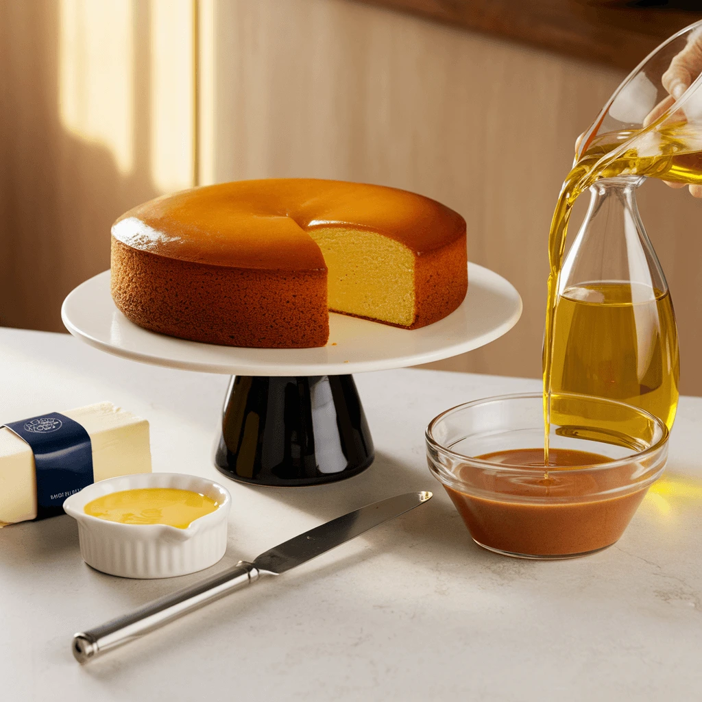  A golden sponge cake on a pedestal, accompanied by a bottle of healthy oil being poured, butter, and caramel sauce, showcasing the healthiest oil for baking cake.