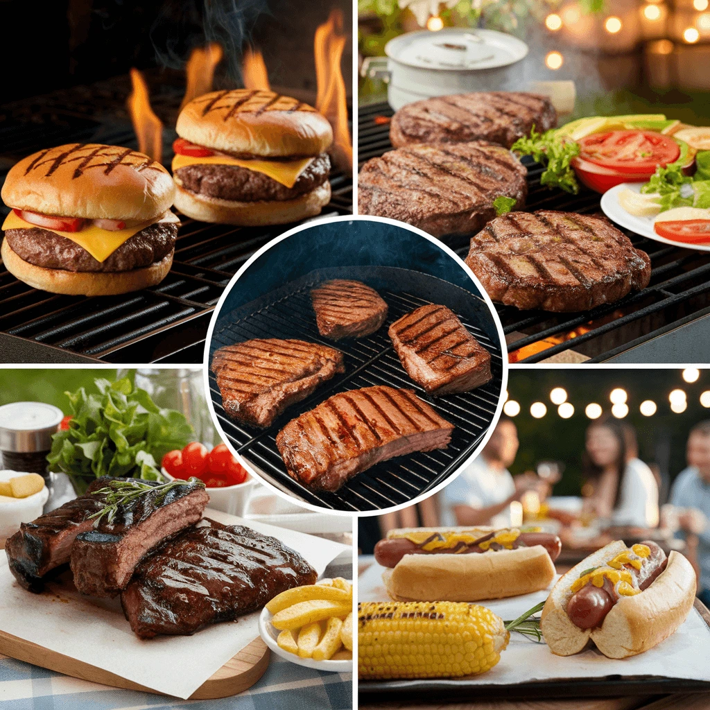 A delicious Cook Out Menu Essentials collage featuring juicy cheeseburgers, grilled steaks, BBQ ribs, hot dogs with mustard, and corn on the cob, all cooked to perfection on the grill.