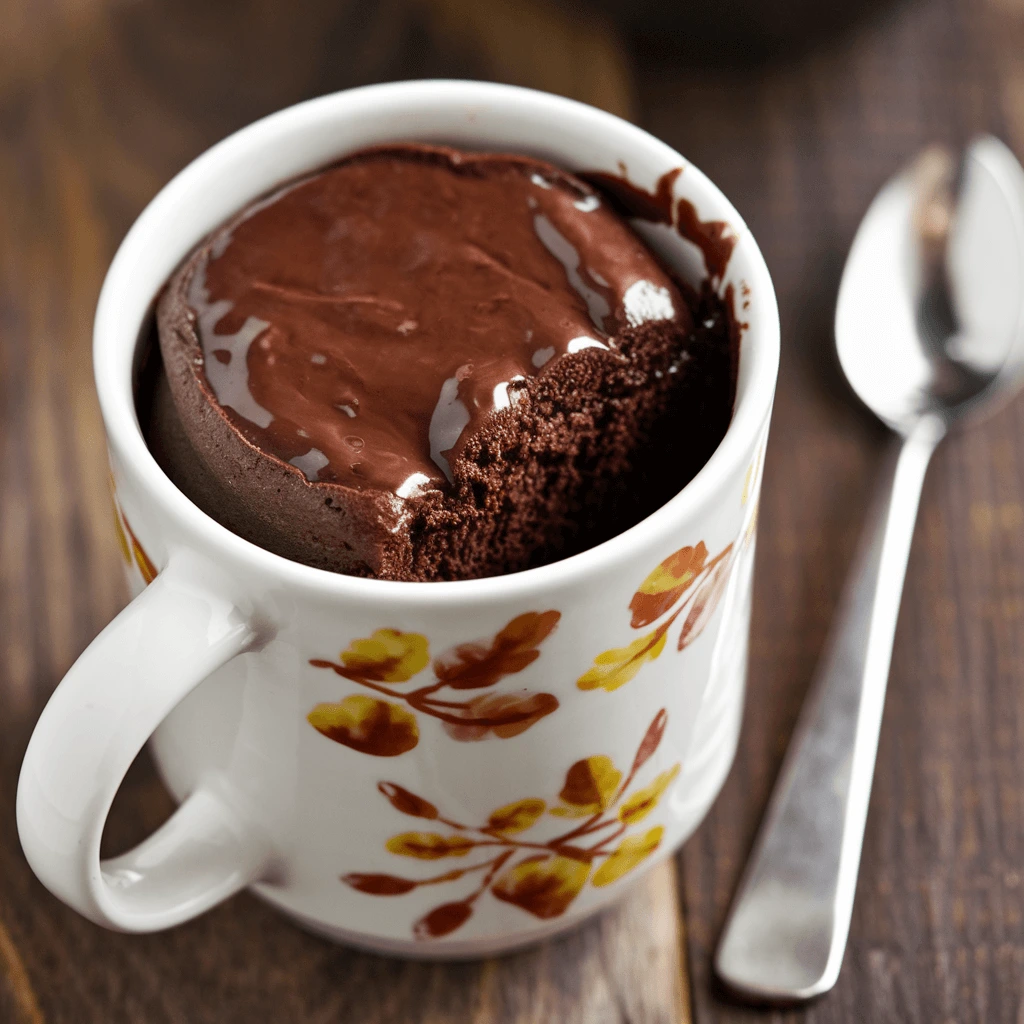 A rich and gooey chocolate mug cake in a floral-patterned ceramic cup, served on a rustic wooden table with a spoon.