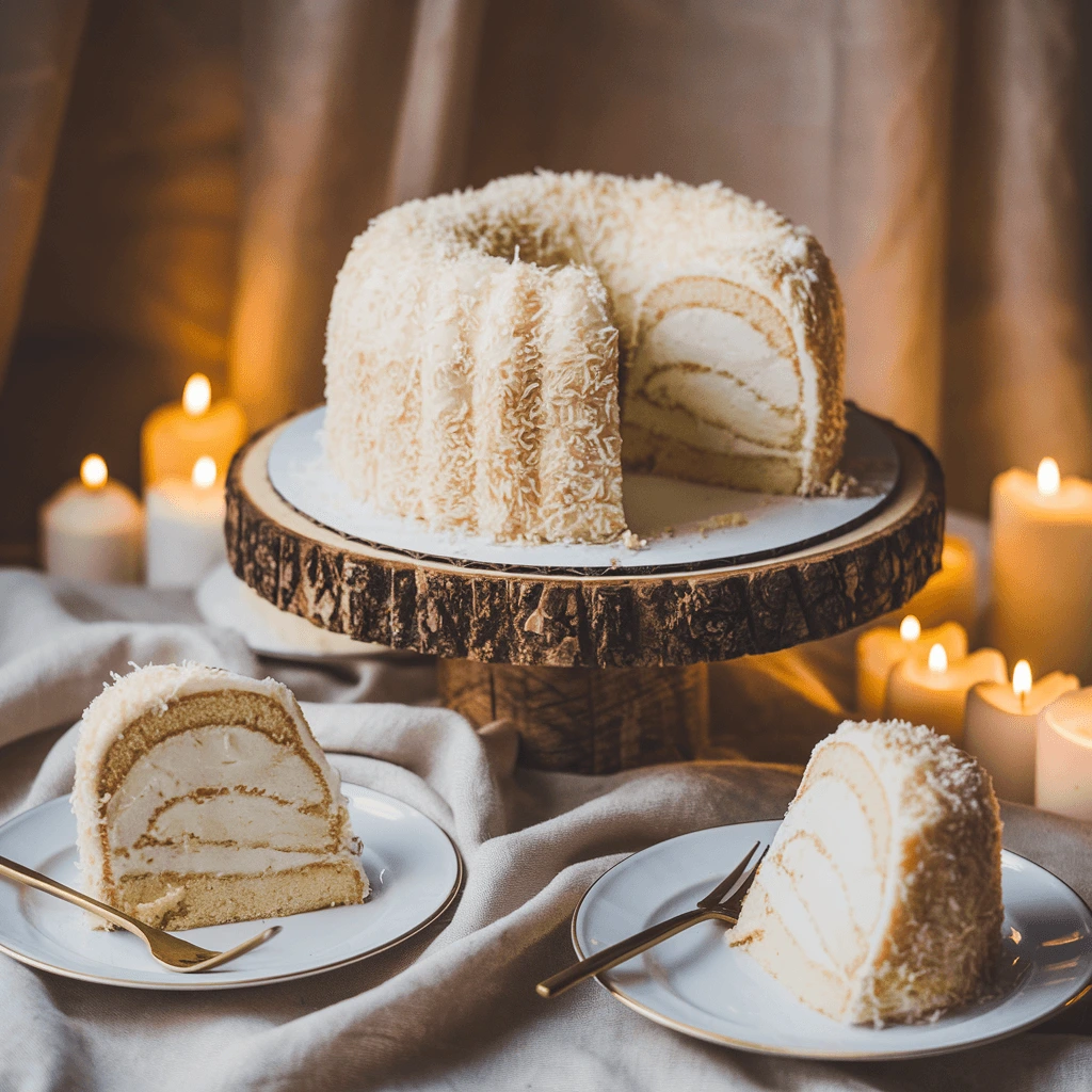 A beautifully styled Tom Cruise Coconut Cake with layers of coconut cream, elegantly placed on a rustic wooden cake stand, surrounded by glowing candles.