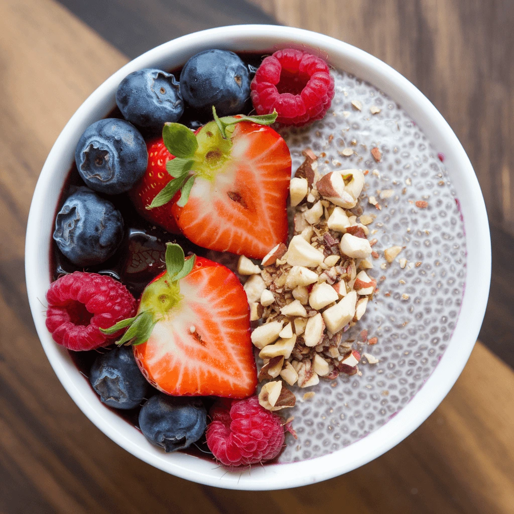 "A bowl of creamy chia pudding topped with sliced strawberries, blueberries, and crunchy nuts.