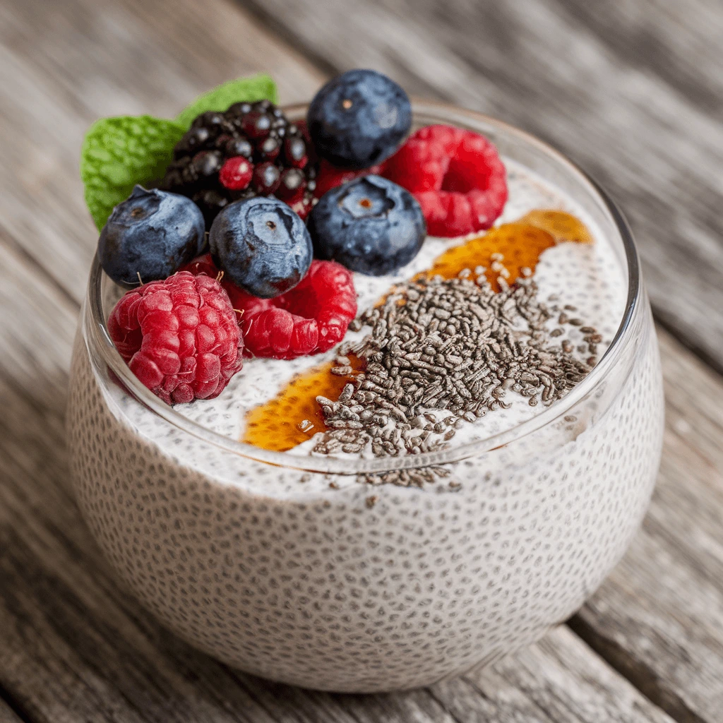 A delicious and creamy chia seed pudding topped with fresh blueberries, raspberries, blackberries, honey drizzle, and whole chia seeds.