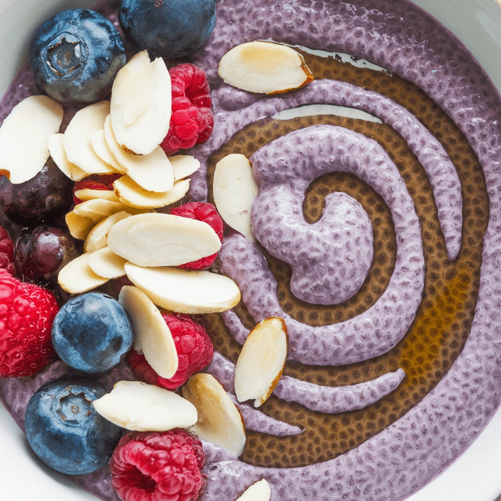 A close-up of a blueberry chia pudding swirled with honey and topped with almonds and fresh berries.