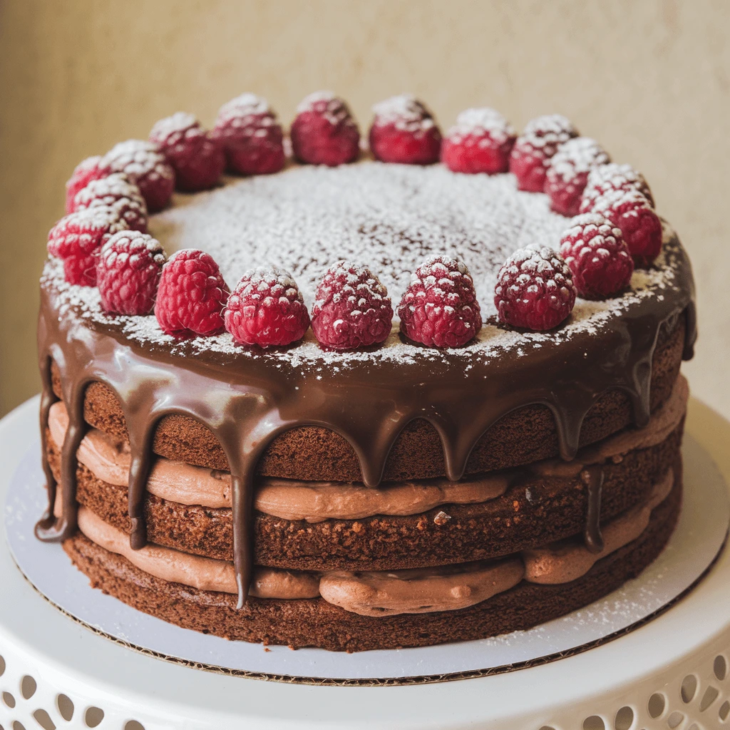 A close-up of a decadent chocolate cake with a glossy ganache topping and a rich coating of dark and white chocolate shavings.