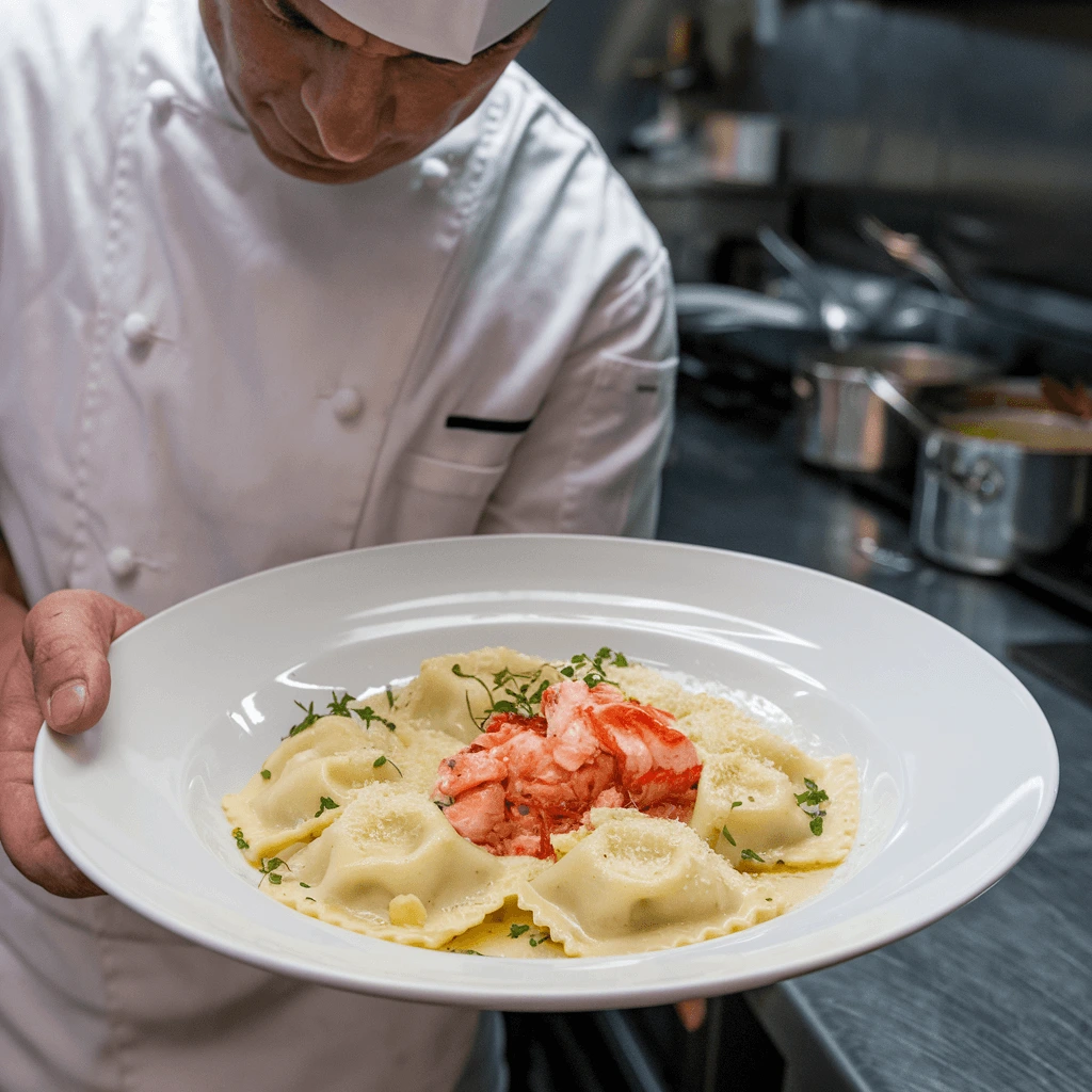 Golden, hand-sealed lobster ravioli served with a rich Parmesan white wine sauce.
