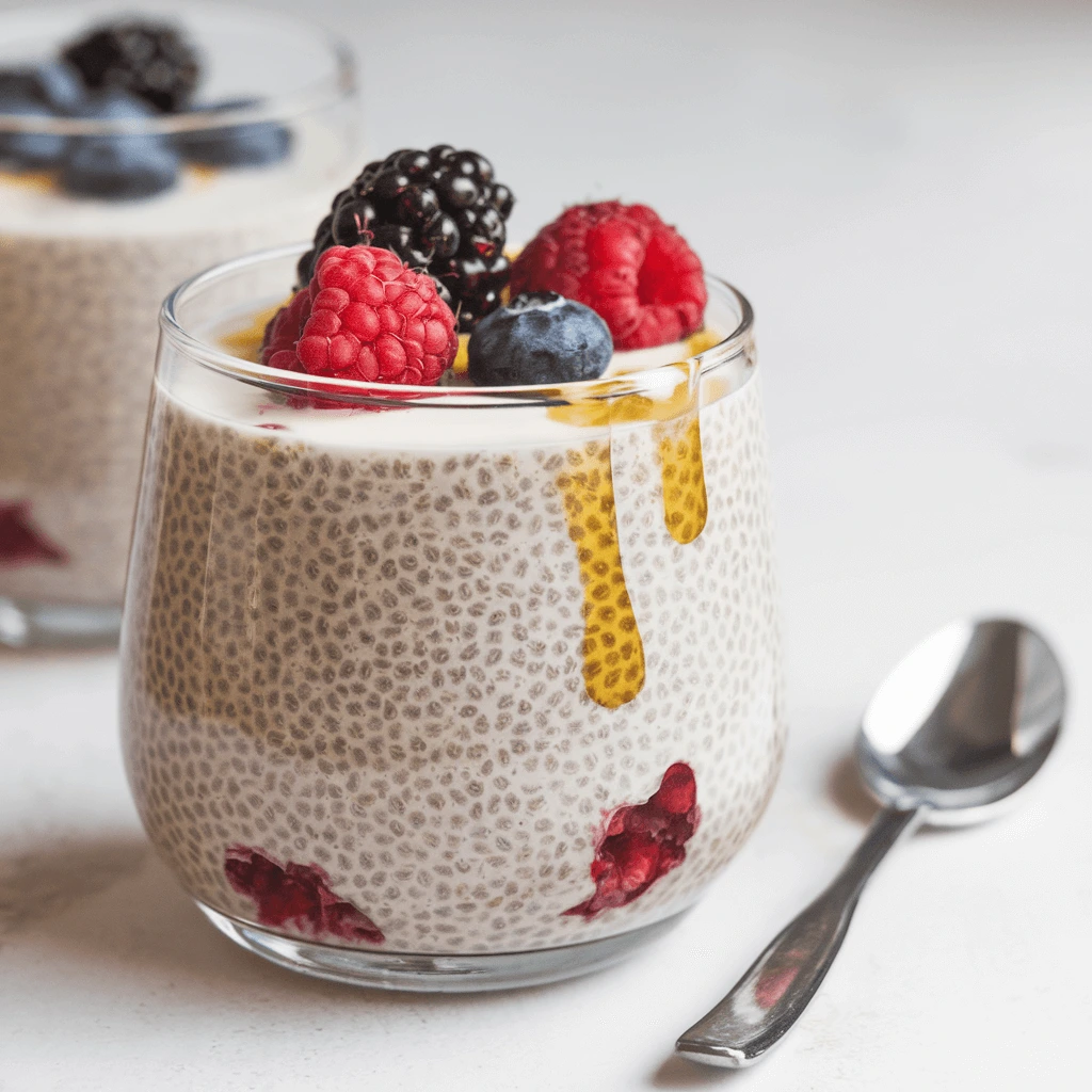 A glass of vanilla chia pudding with honey dripping down the sides, topped with blackberries, raspberries, and blueberries.