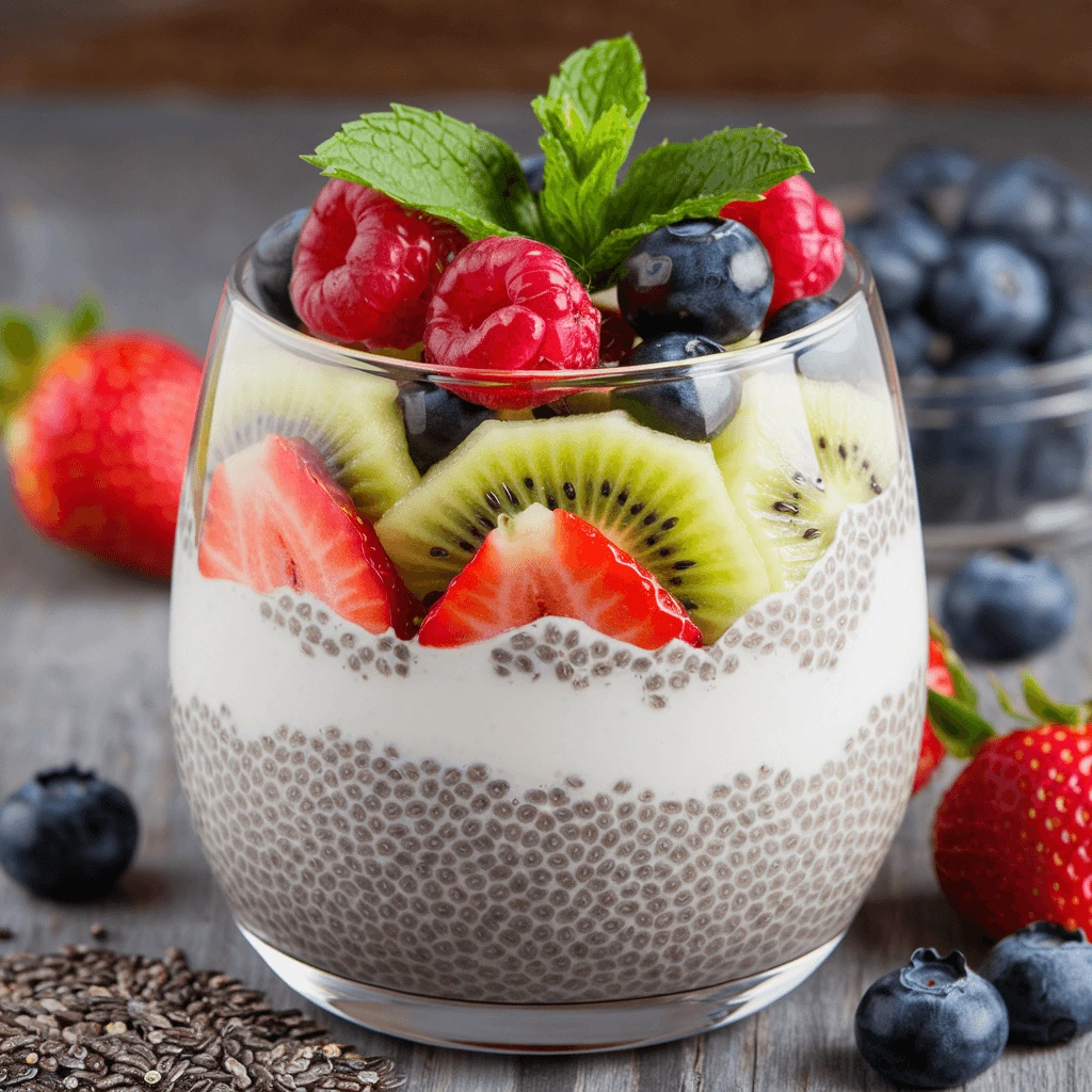 A glass of chia pudding layered with kiwi, strawberries, and blueberries, topped with fresh mint leaves.