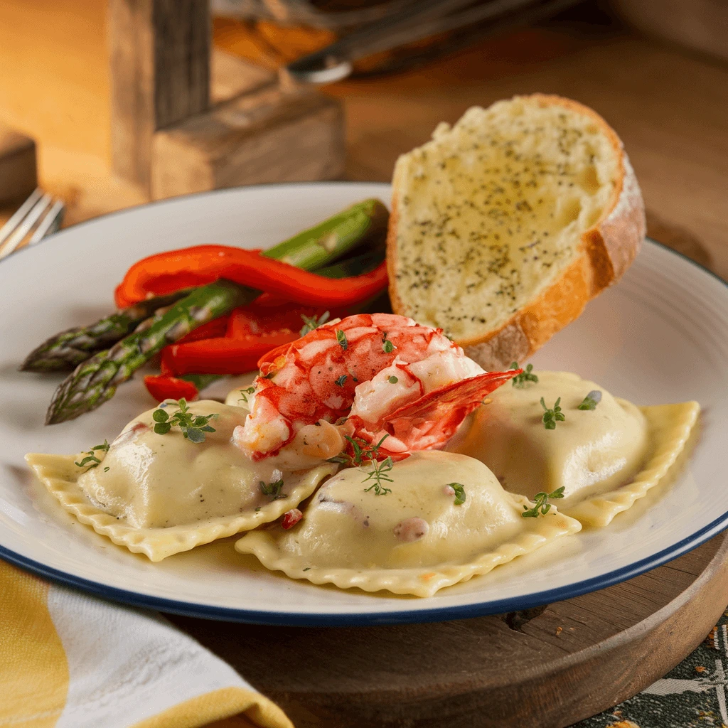 Homemade lobster ravioli being prepared with fresh pasta dough and lobster filling.
