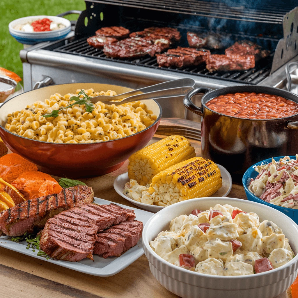 A backyard cookout spread featuring grilled steaks, macaroni and cheese, baked beans, corn on the cob, and potato salad, with sizzling burgers on the grill.