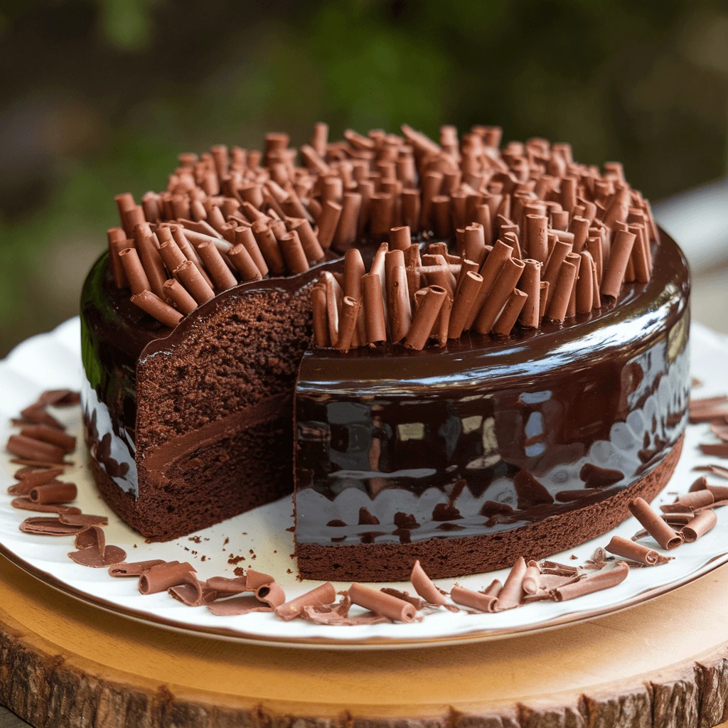 A luxurious dark chocolate cake covered in a glossy chocolate glaze and topped with delicate chocolate curls.