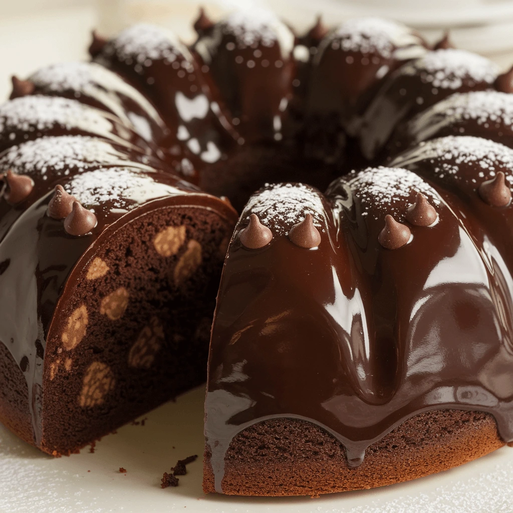 A rich and decadent dark chocolate bundt cake with a glossy chocolate glaze, adorned with chocolate chips and a dusting of powdered sugar.