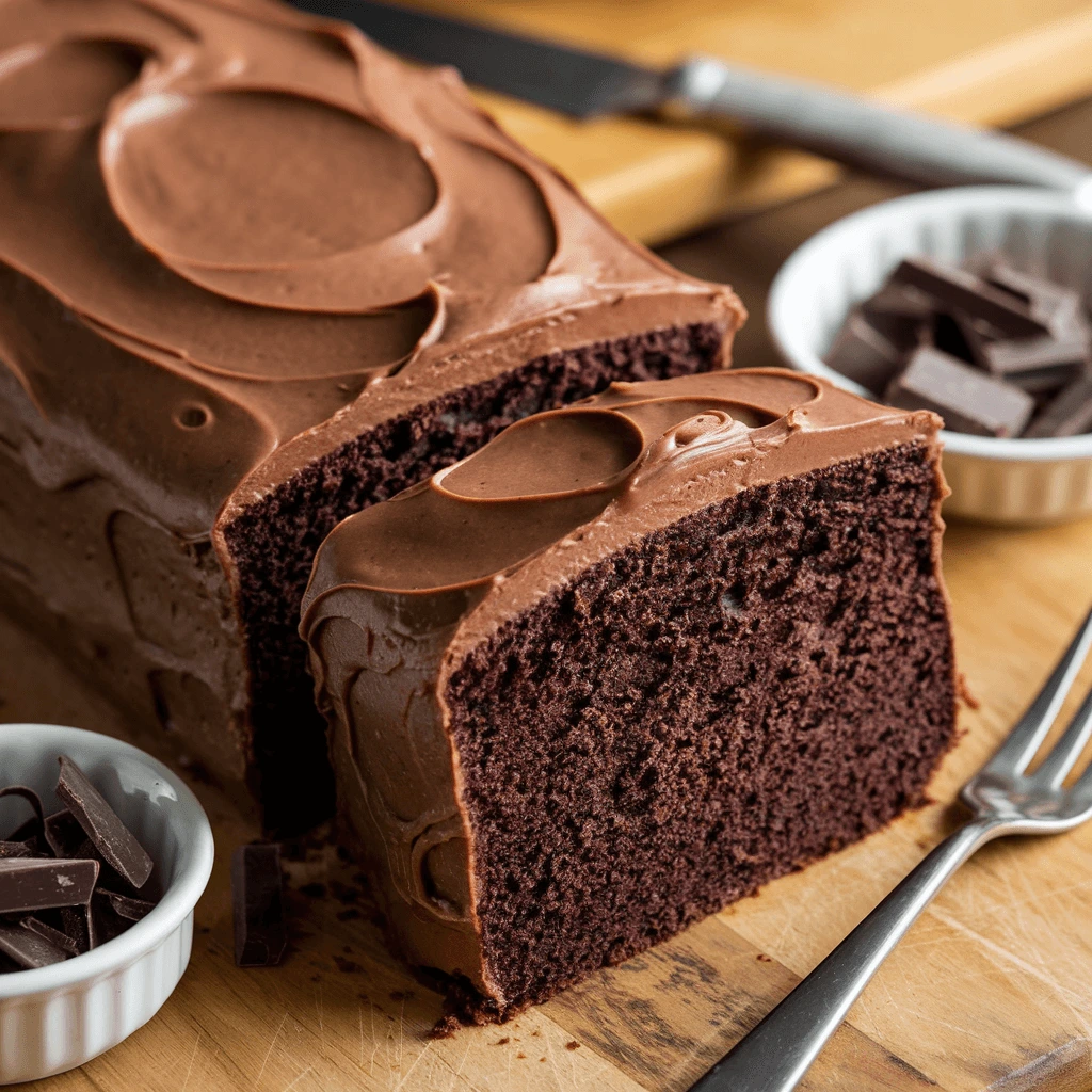 A rich and moist dark chocolate pound cake with creamy chocolate frosting, sliced and served on a wooden board.