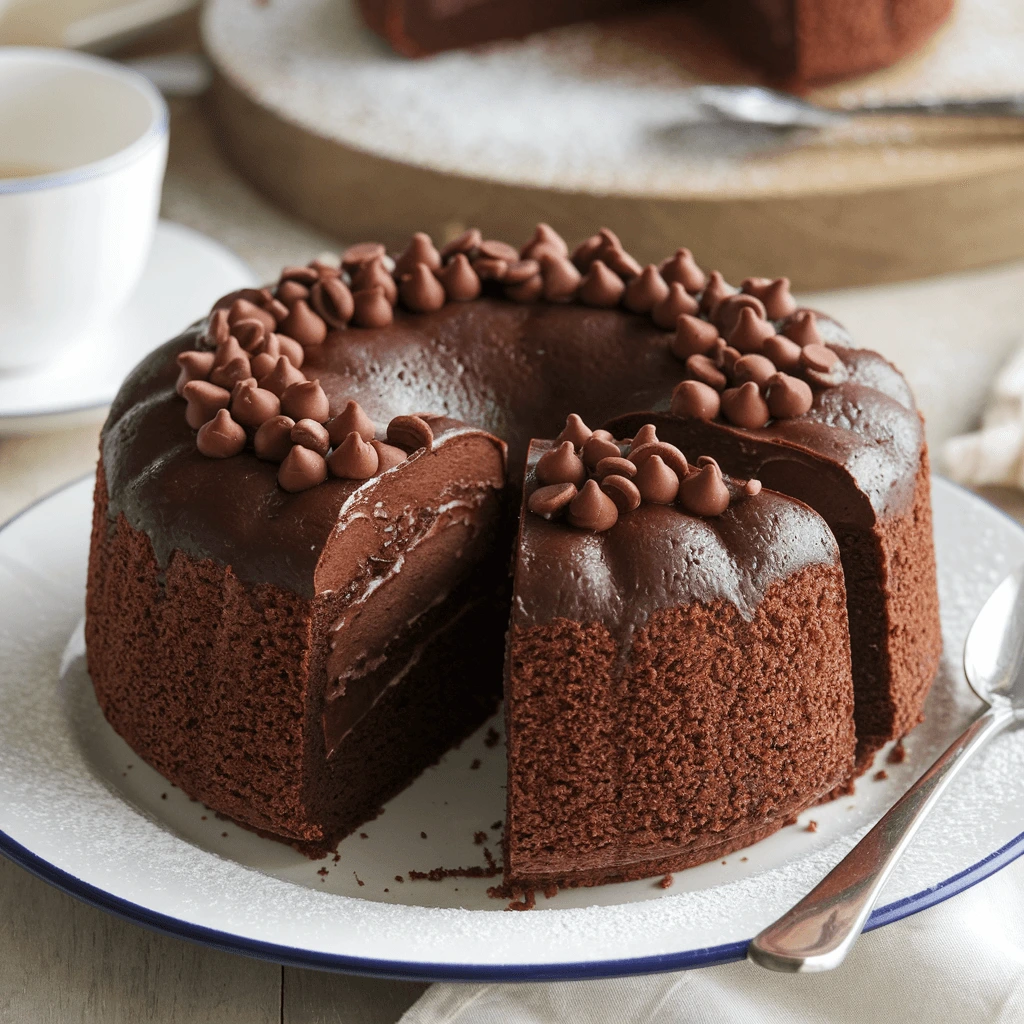 A rich and moist dark chocolate pound cake topped with chocolate chips, sliced and served on a white plate.