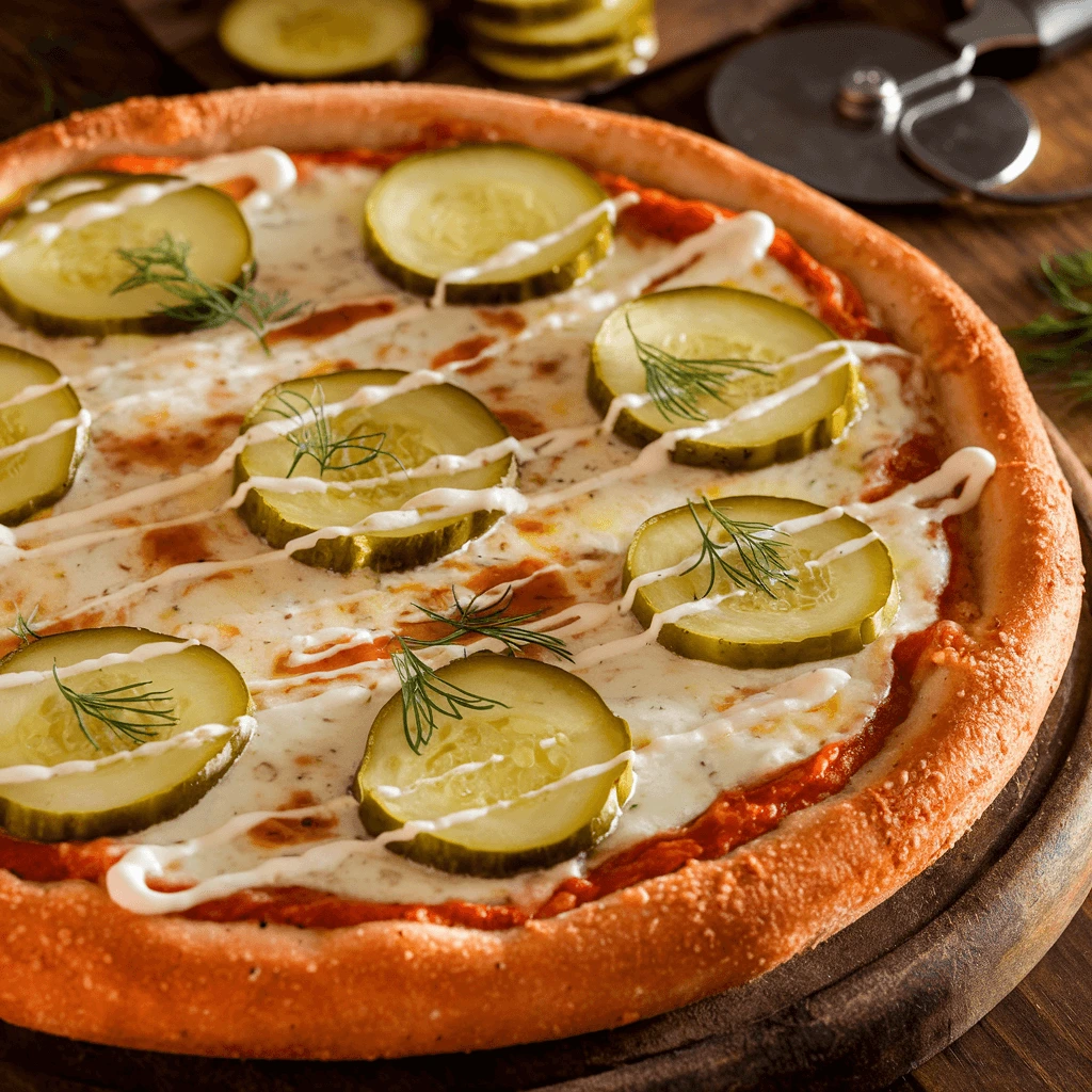 Step-by-step preparation of Pickle Pie Pizza with dough, pickles, and cheese