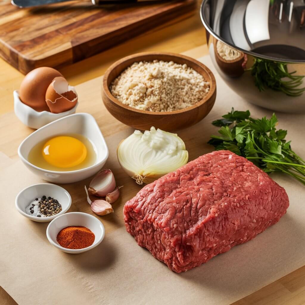 Fresh ingredients for the Best Meatloaf Recipe arranged on a wooden countertop, including ground beef, breadcrumbs, egg, onion, garlic, parsley, and spices.