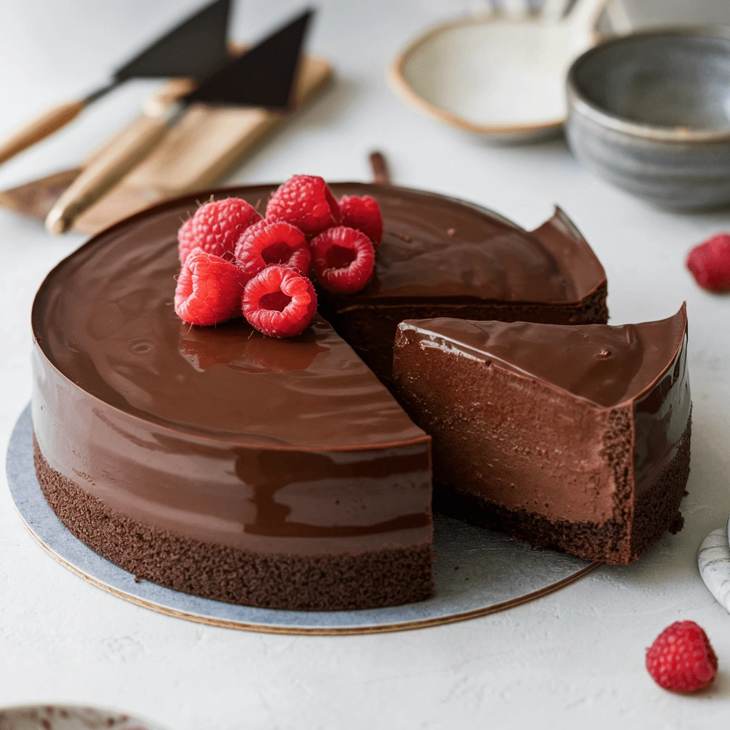 A rich and indulgent flourless chocolate cake with a glossy ganache topping, garnished with fresh raspberries.