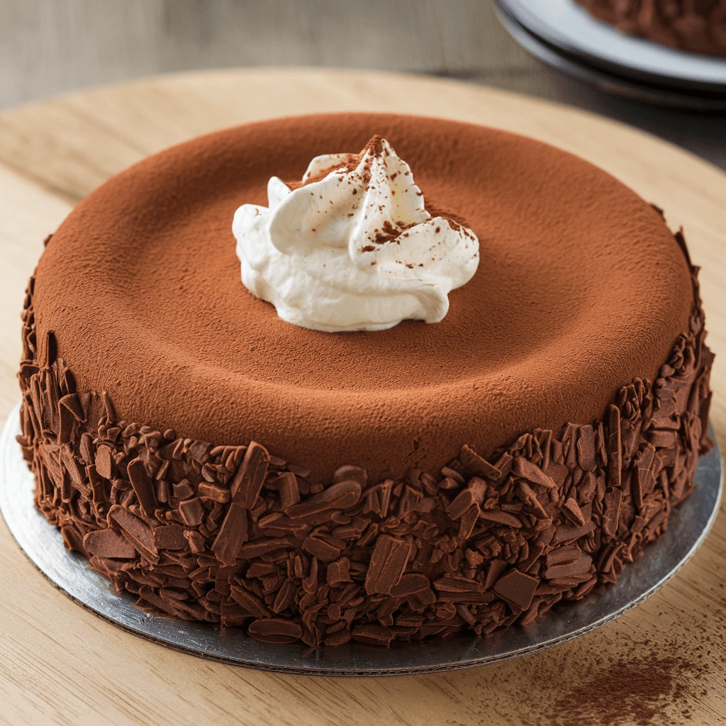 A perfectly crafted flourless chocolate cake with a velvety cocoa-dusted top, rich chocolate shavings, and a dollop of whipped cream.