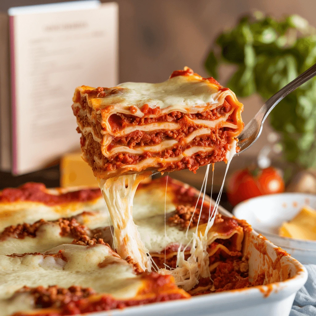  A slice of Easy Lasagna Recipe with layers of pasta, rich meat sauce, and gooey melted cheese being lifted from a baking dish, with fresh basil and tomatoes in the background.